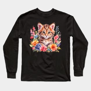 A cat decorated with beautiful watercolor flowers Long Sleeve T-Shirt